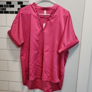 glam Satin V-Neck Tunic Top in Bright Pink
